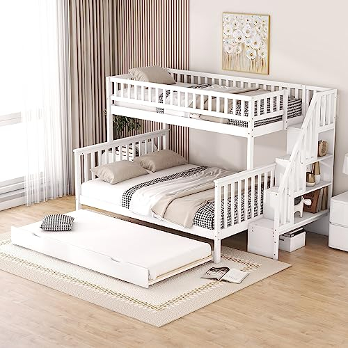 Zravenna Hochbett 140x200, 90x200 Etagenbett für 3 Kinder, Hochbett mit Rollbett und Treppe, Großer Stauraum, Hohes Geländer, Weiß (Weiß-1)
