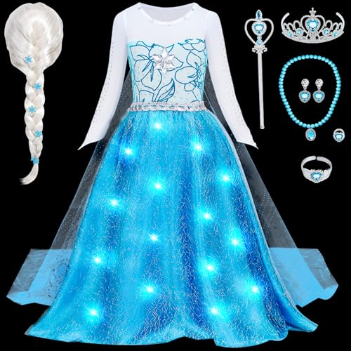 LED Leuchtend Elsa Kostüm Mädchen Eiskönigin Prinzessin Kleid mit Elsa Perücke Prinzessin Krone Faschingskostüm Weihnachten Geburtstag Halloween Kostüm Karneval Verkleidung Kinder (120, 5-6 Jahre)