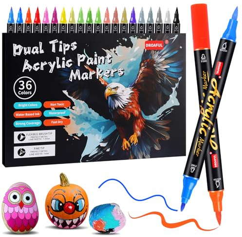 Marqueurs de peinture acrylique, 36 couleurs, imperméables, double pointe, peinture sur roche, tissu, métal, verre, bois, toile, céramique, plastique, non toxique et inodore, fournitures d'art et DIY