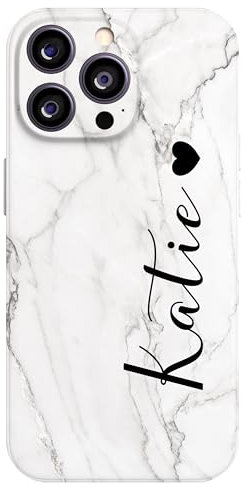 EKAM Personalised Case For iPhone 16, 15, 14, Pro, Max, Plus 13, 12, 11, X, XR, SE, 8, 7 - Fully Printed 3D Soft TPU Custom Cover Grey Marble Design - Your Initial Name Text (Vertical Name With Heart)