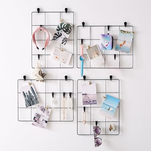 G.CORE Photo Wall Display Grid Boards - Wire Mesh Panels Hanging Shelves with Hooks, Picture Clips Holders, Rope, Mounting Accessoreis for Office Kitchen Home Decor (4 Grid Panels, Black)