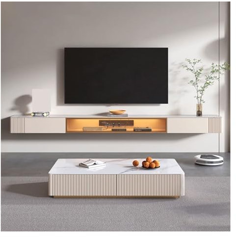 Floating TV Unit Wall Mounted Floating TV Stand with Storage Cabinet , TV Stand for Bedroom Living Room with LED Light, Modern Television Stand with Slate Tabletop Wall Mounted TV Cabinet(Champagne,16