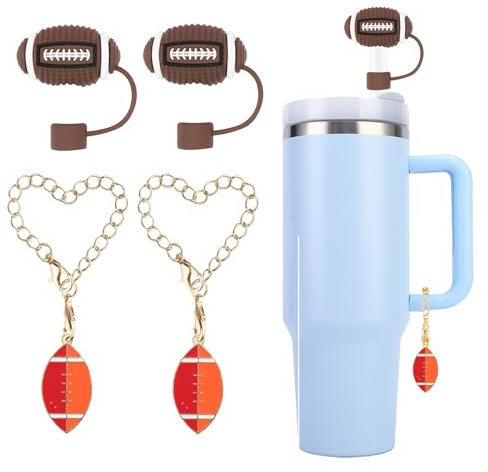 Kleeblatt Football Straw Covers Cap For Stanley Cup, 2pcs 10mm Cute Silicone Straw Toppers For Tumblers With 2pcs Football Charms Personalized, Stanley Cup Accessories