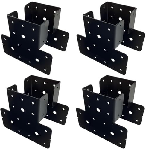 4 Set(8pcs) 4x4 T Post to Beam Connector Roof Tie Steel Brackets,Adjustable T Post Cap pergola Hardware Bracket,roof Anchor Joist Hanger for Wood Posts ,Thickness 2 mm and Black