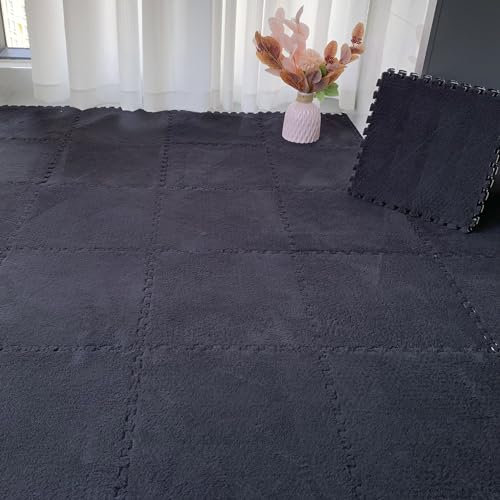 HGOuhK Plush interlocking carpet tiles Square Interlocking Carpet Tiles, Fluffy Foam Interlocking Floor Mats, Non-Slip Puzzle Rugs(Schwarz,12pcs)