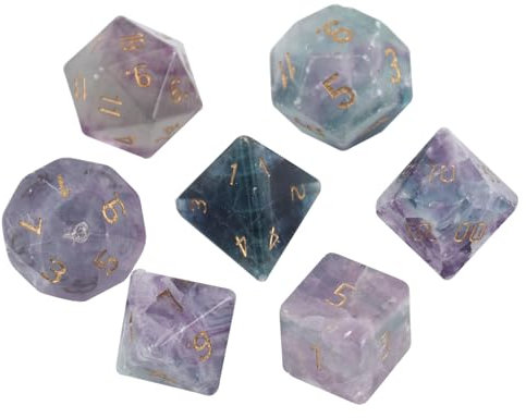 7PCS natürliche Edelstein DND Würfel Set, Fluorit Kristall Rollenspiel D&D Würfel, DND Fluorit Edelstein Würfel Set, Polyedrische Edelstein Würfel Set für RPG Brettspiele Lila B