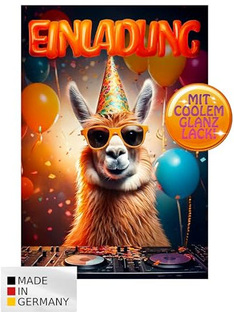 TheMunique® Lama glänzende Einladungen Kindergeburtstag Mädchen und Jungen – 12 Stück – Lustige Party Tiere Geburtstag Einladungen mit besonderem Glanzlack – Einladungskarten Kids & Teenies