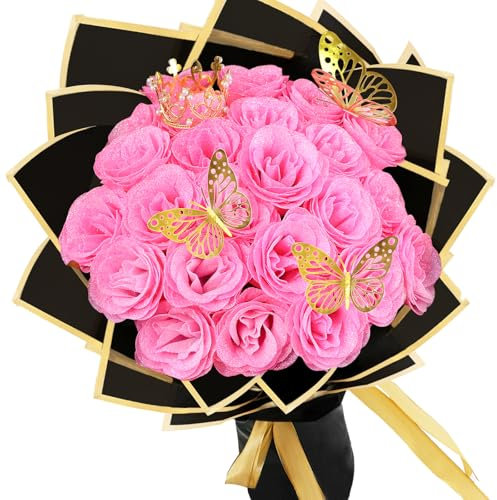 LARDUX Lot de 24 bouquets de roses artificielles à paillettes pour la Saint-Valentin, la Saint-Valentin, les bouquets de fleurs artificielles à paillettes avec couronne pour cadeaux de mariage