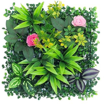 Generisch Künstliches Gras Wand Panel Backdrop Premium Buchsbaum Platten Grün Wand Dekor Grüne Pflanze Wand Ivy Zaun Abdeckung Privacy Screen mit Blumen für Outdoor Indoor Garten Hinterhof Dekor (B)