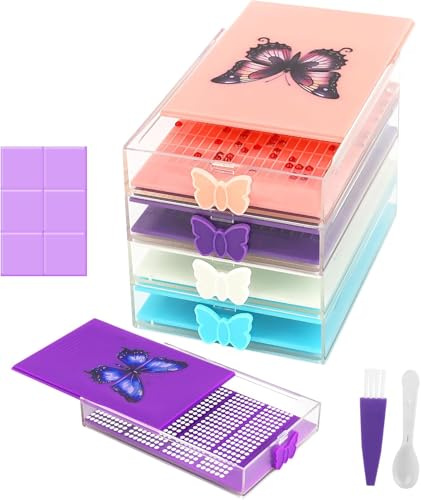 XZTXBest 4 Piece Diamond Art Trays with Butterfly Lids for Adults, 24 PCS Strong Stickiness Clay Glue with Slide Storage Box for Diamond Painting Accessories and Tools