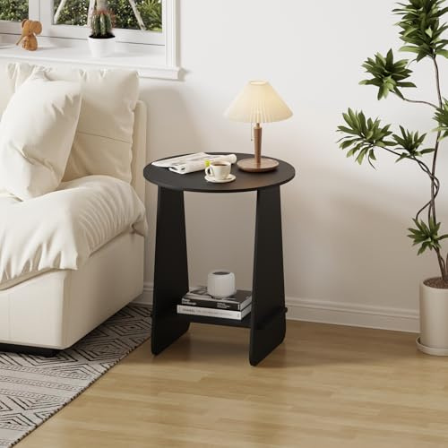 Rainbow Tree 45cm Round Coffee Table with Storage Shelf for Living Room&Apartment, Wooden Side Table Bedside Table (Black with Storage Shelf)