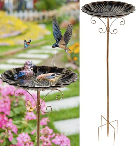 Vogeltränke Stehend 77×25,5 cm Vintage Metall Freistehende Vogeltränken mit Dauerhaftem Pfahl,Rostfreie Abnehmbare Vogelfutterschale,Abnehmbare Vogelfutterstelle für draußen Garten Patio