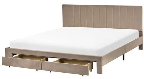 Beliani Modern EU Super King Size Bed 6ft with Drawers Headboard Velvet Upholstery Slatted Base Taupe Lonzac