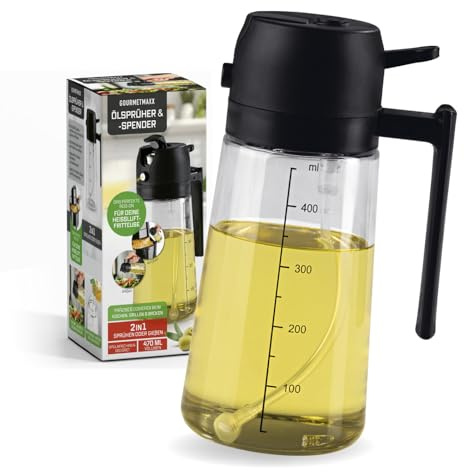 GOURMETmaxx 2-in-1 Ölsprüher & Ölspender aus Glas | feiner Nebel (0,15 g/Stoß) oder Ölstrahl | 470 ml Ölgießer, spülmaschinenfest, nachfüllbar | ideal für Heißluftfritteuse, Grill & Pfanne