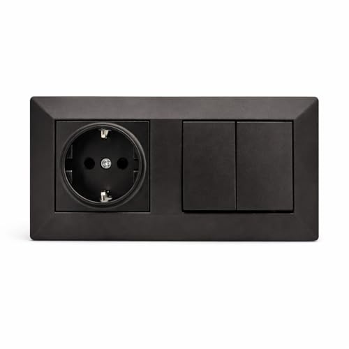 Jandei - Prise Schuko 2P+T 16 A et double interrupteur commutateur, 230 V, décoration murale intérieure, facile à installer, avec cadre et mécanisme, polycarbonate noir