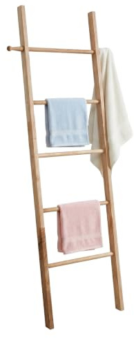 Relaxdays Escalera para Toallas de Madera de Nogal, Natural | 170 x 43 cm, 5 peldaños, baño