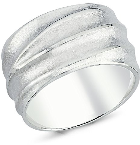 Vinani Damenring, 925 Sterling Silber – Rillen-Design mit Wellenmotiv, sandgestrahlt und poliert, breites, massives Band, handgefertigter zeitloser Schmuck für Frauen