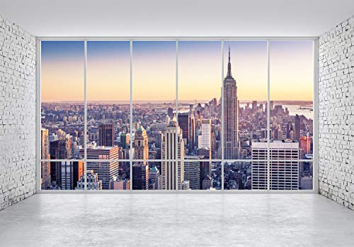 wandmotiv24 Fototapete New York NYC, S 200 x 140cm - 4 Teile, Wanddeko, Wandbild, Wandtapete, Ausblick, Fenster, Skyline M1133