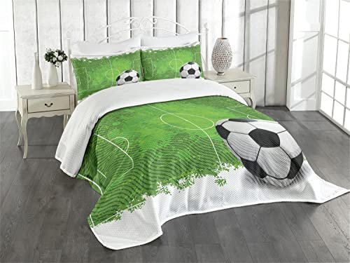 ABAKUHAUS Fußball Tagesdecke Set, Grunge Fußball Design, Set mit Kissenbezügen Sommerdecke, für Doppelbetten 220 x 220 cm, Weiß Schwarz Grün
