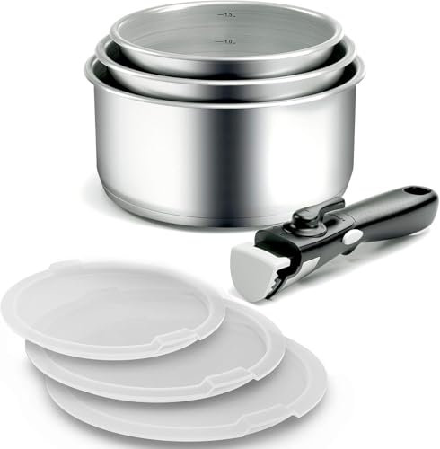 Backen 291107, Set de Casseroles 16,18,20cm, Inox, 7 Pièces, Induction, 1poignée amovible, 3 Couvercles Hermétiques, Empilable, Compatible lave-vaisselle, Polyvalence, Gain de place, Garantie 5 ans.