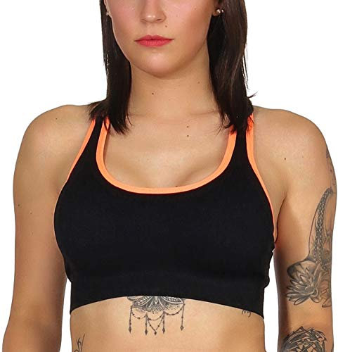 StyleLightOne Damen Crop-Top Sport-BH Kompression Fitness Sommer bauchfrei atmungsaktiv Push-Up Yoga Workout Pads, Schwarz Neon Orange 32 34 36