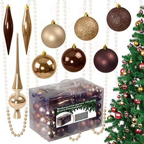 130-teiliges Weihnachtskugeln Set aus Kunststoff - Christbaumschmuck Baumschmuck in Glänzend Glitzernd Matt, braun/Champagner