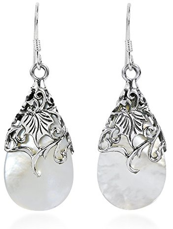 Floral Vine Ornate Teardrop White Mother of Pearl .925 Sterling Silver Dangle Earrings