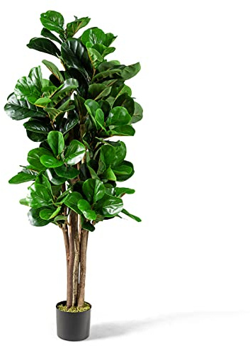 GOPLUS 1,5 M Figuier Artificiel de Feuille de Violon Réaliste avec Pot en PP Souple, Arbre Artificiel en PEVA avec Tronc de Bois Mélangé, Décoration dans Salon, Bureau, Jardin, Vert