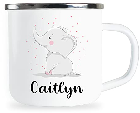 Personalisierte Kindertasse mit Name und niedlichem Elefant Motiv Emaille Tasse individuelle Geschenke Geschenkidee für Kinder Kind Mädchen Geburtstag Metallbecher Emailletasse