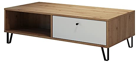 trendteam smart living - Touch - Couchtisch - Artisan Eiche/Weiß - Sofatisch mit 2 offenen Fächern und 2 Schubladen - (BxHxT) 110 x 37 x 60 cm - Wohnzimmertisch mit modernen Metallfüßen - kratzfest