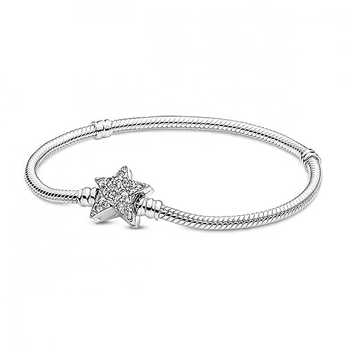 Pandora Armband Timeless Sternverschluss Silber, Zirkonia 599639C01 Pandora Moments Asymmetrischer Stern-Verschluss Schlangen-Gliederarmband in Sterling-Silber, Gr. 20, 599639C01-20