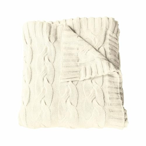 Loberon Plaid Arnhem, Dekoratives Jacquard-Zopfmuster, Angenehm Weiche Haptik, Dezenter Naturton, Strickdecke, Tagesdecke, Überwurf, Baumwolle, beige