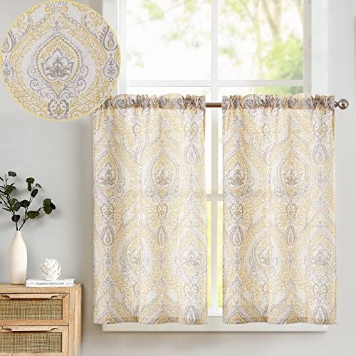 TOPICK Scheibengardine Leinen Vorhang Vintage Bistrogardine Landhaustil Blumen Bedruckt Gardine Geblümt Scheibengardinen Blickdicht für Küche Wohnzimmer Landhaus 2er-Set Gelb auf Beige 65B x 115H(cm)