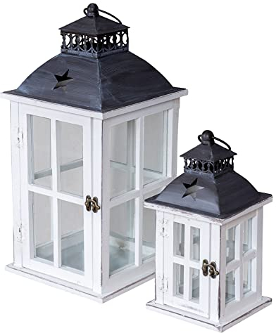2er Set Laternen Holz H30-47cm Weiß Metall Schwarz Stern Windlicht Wohndeko Shabby Chic Vintage Kerzenhalter Holzlaterne Gartenlaterne Dekoration