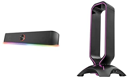 Trust Gaming Barra de Sonido con Iluminación RGB GXT 619 Thorne - Altavoces PC Gaming Estéreo 2.0 & GXT 265 Cintar Soporte para Auriculares RGB, Diseño Universal, 2 Puertos USB
