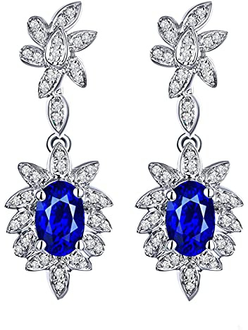 Beydodo Damen Ohrringe Weißgold 750, Ohrringe Hängend Blumen mit Oval Saphir 1ct Ohrringe Diamant Weißgold für Frauen