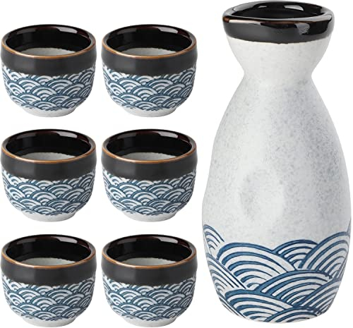 Lot de 7 verres à saké japonais en céramique comprenant 1 bouteille de saké et 6 tasses à saké chaud ou froid à la maison ou au restaurant