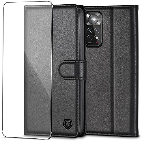Handyhülle für Xiaomi Redmi Note 11 /Note 11S Hülle mit Panzerglas Schutzfolie PU Leder Klapphülle Brieftasche Kartenfach Ständer Magnet Handytasche Case Schutzhülle für Redmi Note 11 /11S - Schwarz