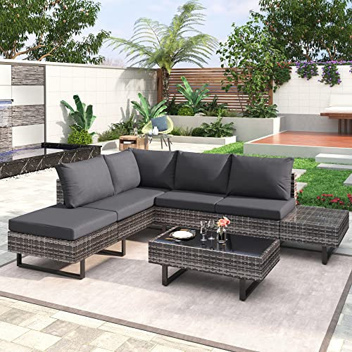 Mingfuxin Rattan-Garten-Ecksofa-Set, fächerförmiges Rattan-Sofa mit rundem Couchtisch, Gartenmöbel-Set mit grauen Anti-UV-Kissen, abnehmbare Bezüge (L-förmig)