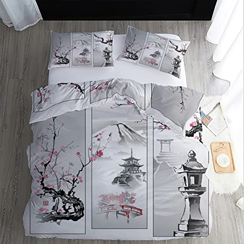 WQIZXCW Housse de Couette 160x200 Motif Japonais - Parure de Lit 2 Personnes Asiatique Fleur de Cerisier Mont Fuji avec Fermeture Éclair, 2 Taies d'oreiller 65x65 cm, 100% Microfibre