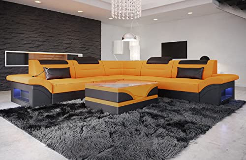 Sofa Brianza Ecksofa - mit LED Beleuchtung, verstellbare Kopfstützen, Recamiere/Mikrofaser/Ausrichtung wählbar (Schwarz-Aprico)