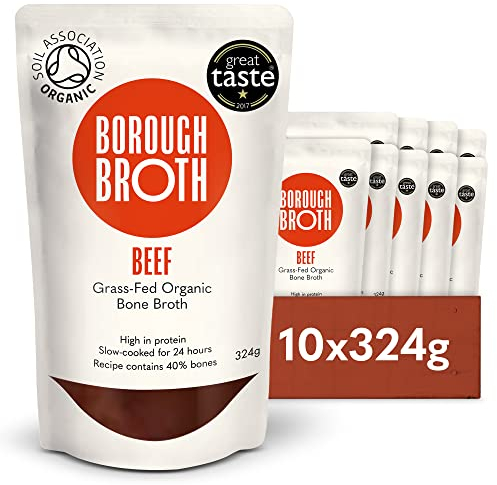 Organic Beef Bone Broth by Borough Broth - High in Collagen for Healthy Skin & Joints - High Protein & Low Calorie - Gluten Free - Grass Fed - Perfect for Gravy & Soups - Delivered Chilled - 10 x 324g