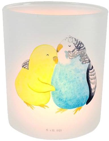 Mr. & Mrs. Panda Kerze Wellensittich Liebe - Geschenk, Hocheitstag, Kuscheln, Ehefrau, Teelichthalter, Glas Windlicht, Vertrauen, Heiratsantrag,