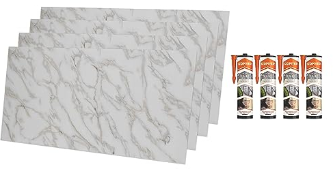 IZODEKOR Revestimiento de pared efecto mármol - 4x paneles con 4x adhesivo de montaje - Alternativa a baldosas/azulejos, panel ducha, panel para pared cocina | Calacada