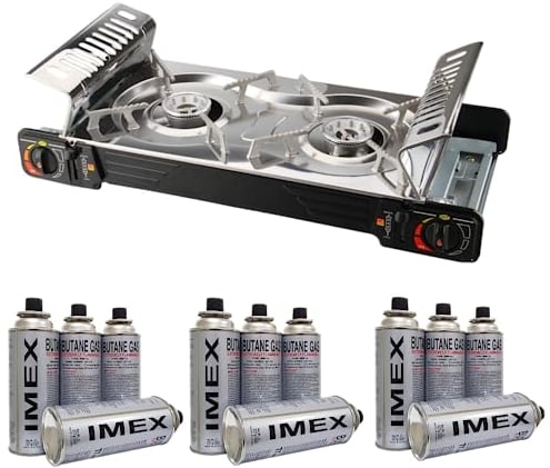 IMEX Edelstahl 2 Flammiger Outdoor Doppelgaskocher mit 12 Gaskartuschen