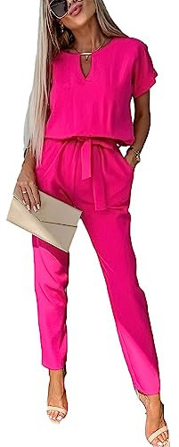 amropi Jumpsuit Damen Elegant Kurzarm Playsuit V-Ausschnitt Casual Lose Overalls Lang Romper Rot Rosa,L