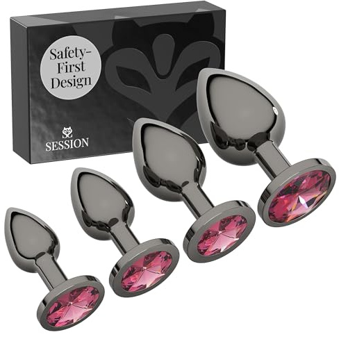 Session Jewel Butt Plug Beginner 4 Piece Set - X-Small, Small, Medium, Large - Wide Base Prevents Slippage - Metal Anal Sex Adult Toy for Men & Women - Gunmetal Silver & Pink - Circle Shaped Charm