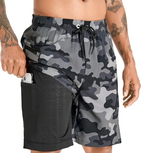 APTRO Swimming Shorts Men Swim Trunks with Compression Liner 2 in 1 Quick Dry Beach Summer 9'' Board Shorts with Zipper Pockets Camouflage Grey MK284 XL