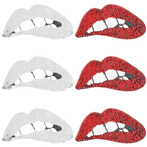 GORGECRAFT 6Pcs 2 Colors Large Lip Shape Sequin Embroidery Patches Red Sliver Punk Big Cloth Iron-On Patch Glitter Costume Accessories Paillettes for DIY Motif Craft Applique T-Shirt Sweater Hoodie