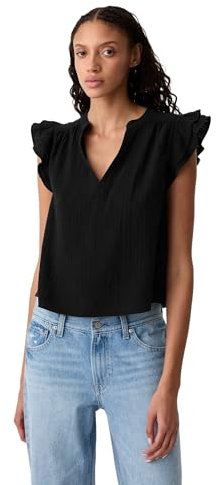 GAP Women's Flutter Sleeve Split Neck Top, Black, XL